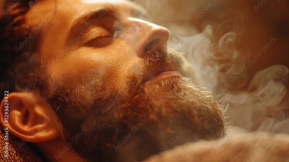 Poster a man enjoys a tranquil moment with closed eyes, surrounded by a soft cloud of smoke indoors. the wa
