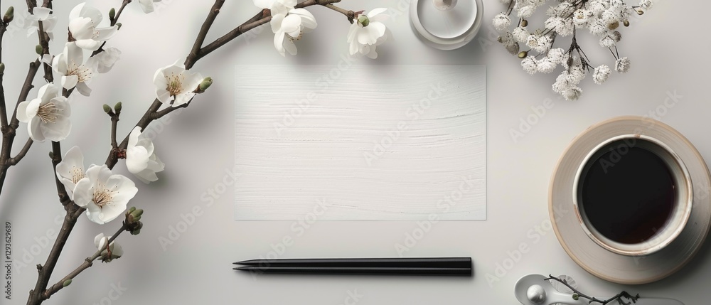 Fototapete flat lay composition of notebook, coffee, and green tropical leaves on a minimal background. creativ