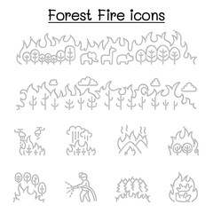 Wildfire, forest fire icon set in thin line style