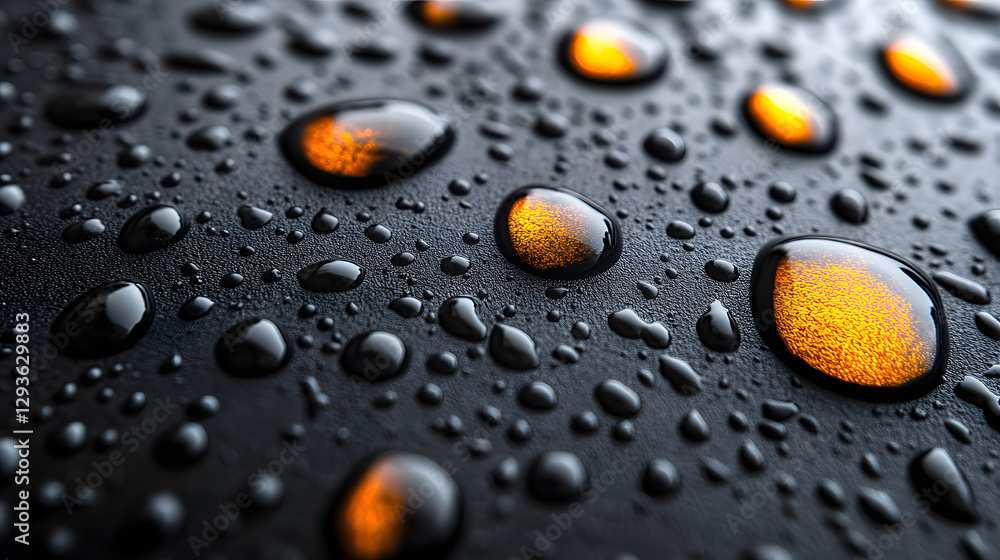 Poster water droplets: close-up view of glistening water droplets on a dark surface, with a warm and inviti