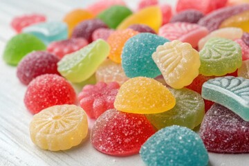 Vibrant Assortment of Colorful Sugar-Coated Candies on White Wooden Surface