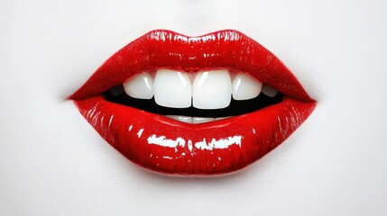 Obraz premium Glossy Red Lips with White Teeth Showing in Close-Up against a Minimalist Background