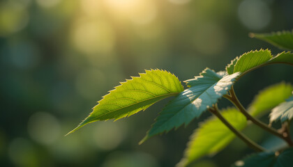 Fototapeta premium Single green leave with blurred sunray in the morning. Morning with green leaf