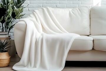 Cozy Cream Throw Blanket: A soft, cream-colored fleece throw blanket casually draped over a white sofa in a bright and airy living room, suggesting comfort and relaxation.  