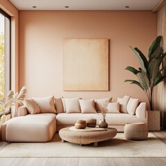 A modern interior design featuring a sofa and a plant