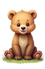 Obraz premium Drawing a sweet little cub of a bear sitting on the grass, a white background