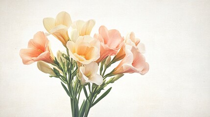 A botanical illustration-style freesia bouquet in muted pastels, placed against a subtle textured paper background