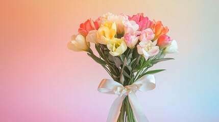 Obraz premium A bouquet of mixed freesias tied with a satin ribbon, standing elegantly on a soft gradient background
