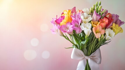 Fototapeta premium A bouquet of mixed freesias tied with a satin ribbon, standing elegantly on a soft gradient background