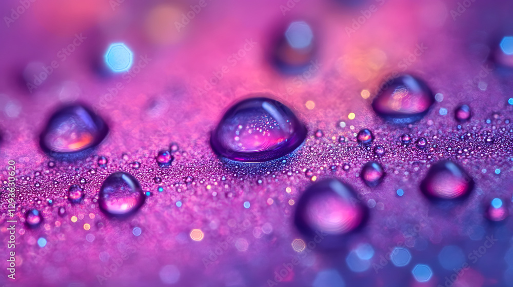 Poster water drops macro: macro shot of sparkling water droplets on a vibrant, iridescent surface, reflecti