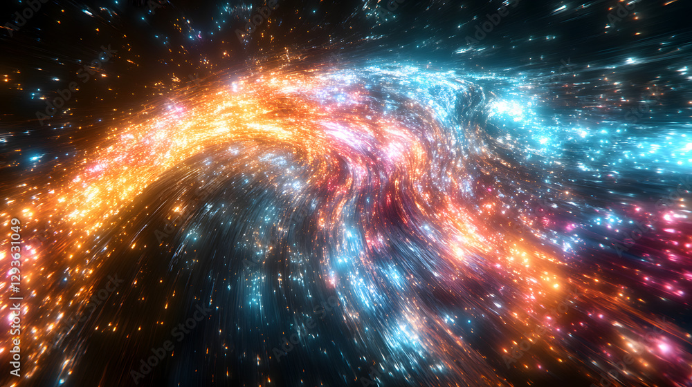 Poster galactic river of light: an abstract view of an endless river of vibrant light cascading across a da
