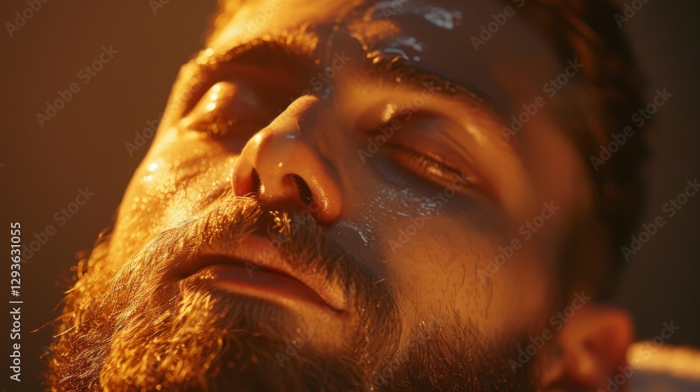 Poster a man rests peacefully with his eyes closed, displaying a serene expression while receiving a calmin
