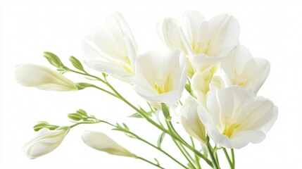 Fototapeta premium A delicate bouquet of white freesias with soft petals and elegant green stems, isolated on a pure white background