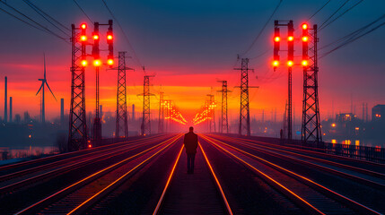 Fototapeta premium Electric Dawn: A solitary figure stands silhouetted against a fiery sky on a bridge over railway tracks, framed by the stark symmetry of electric pylons in an industrial setting.