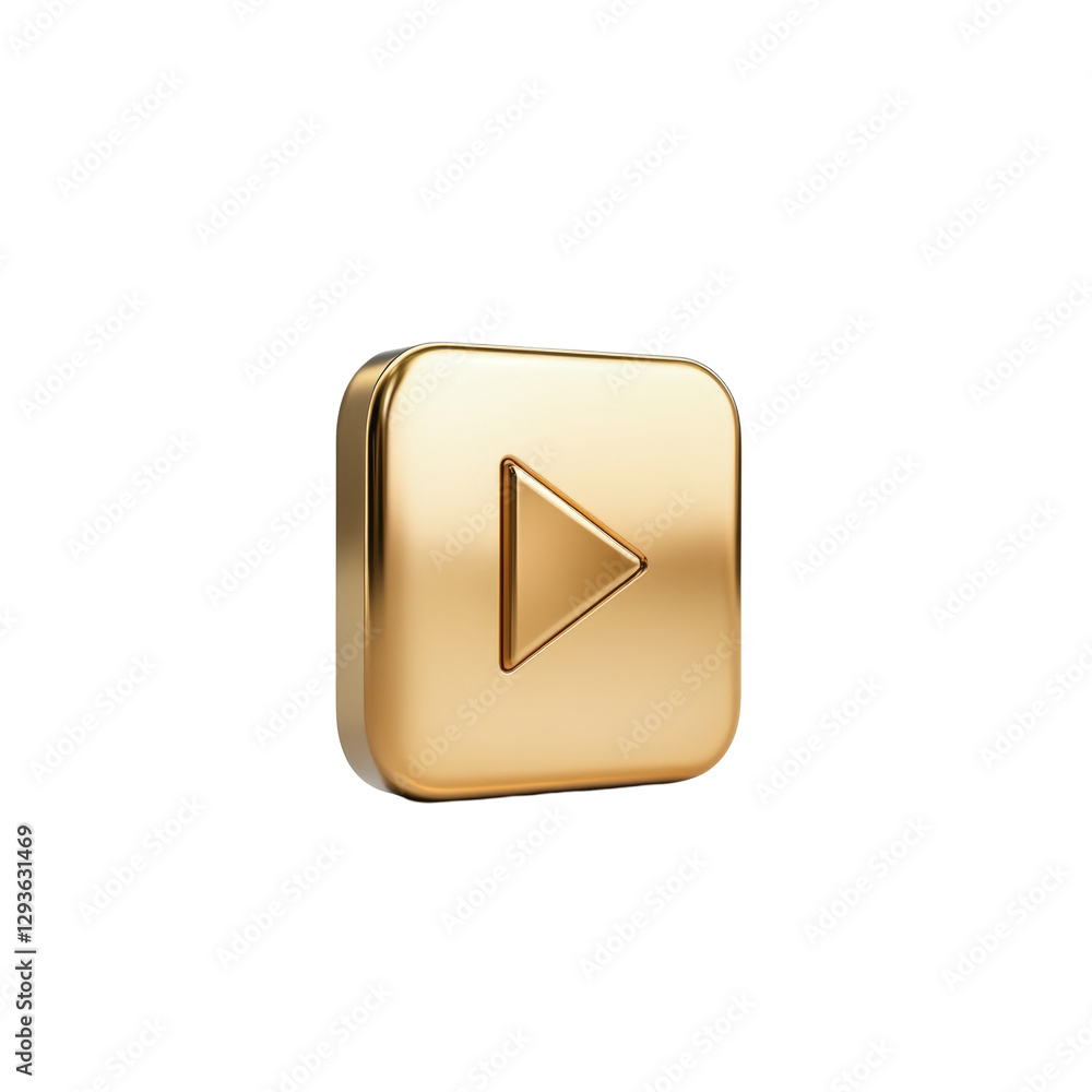 Poster shiny gold play button symbol with metallic square design and prominent play arrow centered
