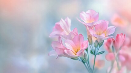 Obraz premium A dreamy pastel artwork of freesias in a romantic pink hue, softly floating on a blurred background