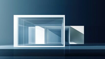 Empty modern exhibition booth, futuristic architecture, deep blue backdrop