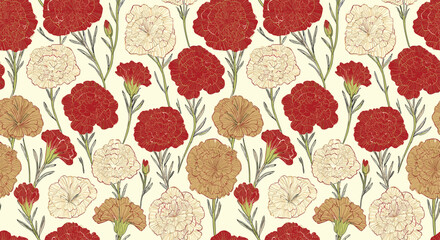 Abstract Handmade Floral pattern with red, white, and tan carnations on light background, for gift wrap and wallpaper