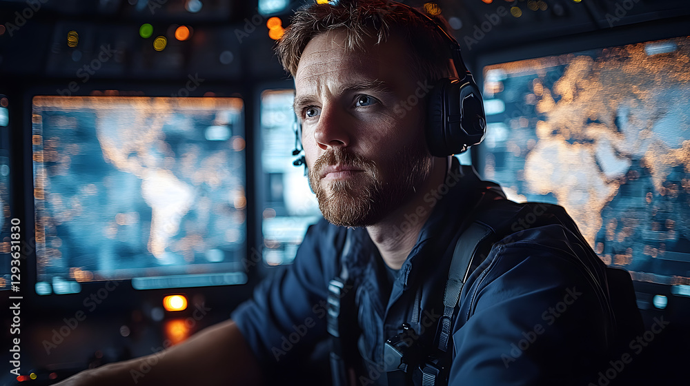 Poster focused operator: a determined operator, engrossed in his work, sits in front of a multitude of comp