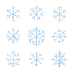 Variety of snowflakes, delicate patterns on a light background, ideal for winter themes or holiday designs. Isolated on white background or PNG