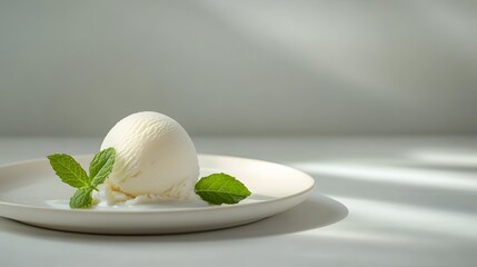 Scoop of vanilla ice cream with mint leaves on plate