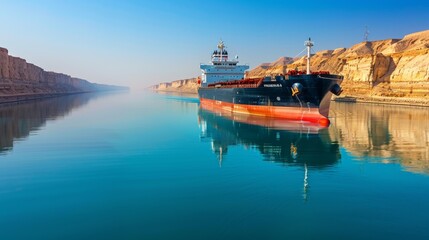 Obraz premium A cargo ship moves smoothly along a calm waterway, flanked by steep cliffs, reflecting the clear sky during the early morning hours, creating a tranquil atmosphere.