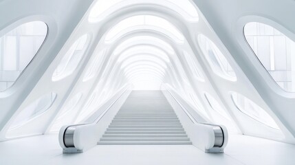 Fototapeta premium Modern white architectural stairway, futuristic hall. Interior shot. Possible use Stock photo