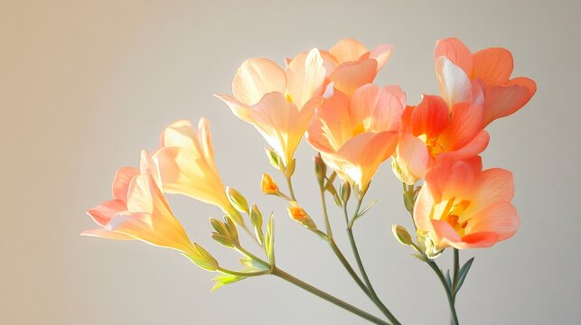 A golden hour photograph of freesias bathed in warm sunlight, creating a stunning contrast against a light gray backdrop