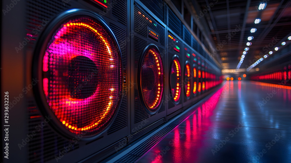 Poster server room's digital vista: a cutting-edge data center, lined with high-tech servers glowing with v