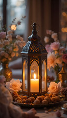 Romantic Lantern Candlelight Scene with Flowers and Treats
