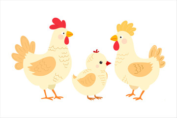 Charming vector rooster, hen, and chick on white background. Cute kids - friendly illustration in farm life cartoon character concept. For characters of children's books, stories, comics.