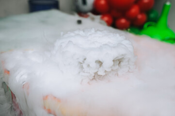 Close-up photo of white cloud of liquid nitrogen after chemical experiment in laboratory.