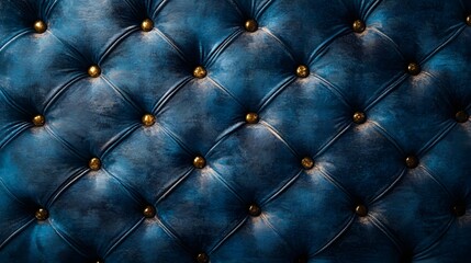Close-up shot of a luxurious blue velvet upholstery with tufted diamond pattern and golden buttons. Perfect for background use. Luxury Deep Blue Velvet Upholstery Texture