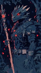 A Dragonoid Figure Holding A Staff In A Dark Forest
