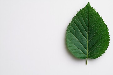 Single green leaf showcasing intricate vein patterns against cle