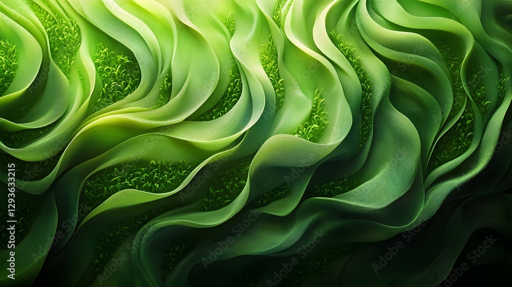 Poster a mesmerizing abstract artwork depicting a flowing green landscape. the image showcases vibrant text