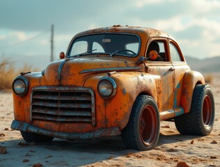 Fototapeta premium Rusty orange vintage custom car parked on sand under cloudy sky