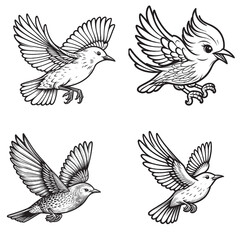 Cute Cartoonic Starling Flying Pose Outline Vector Illustrations