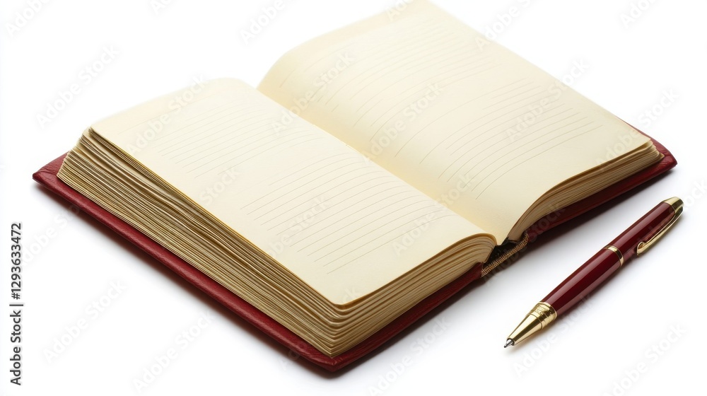 Poster an open notebook and pen resting on white surface