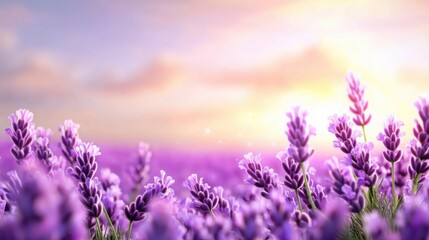 Naklejka premium A blooming lavender field stretching to the horizon, golden sunlight enhancing the vibrant purple hues