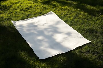 White Picnic Mat on Grass: A pristine white sheet lies gently on a vibrant green lawn, cast with the dappled shadows of overhanging trees, creating a serene and minimalist scene.