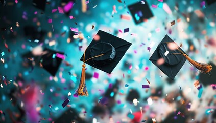 Colorful Graduation Caps and Confetti Celebration