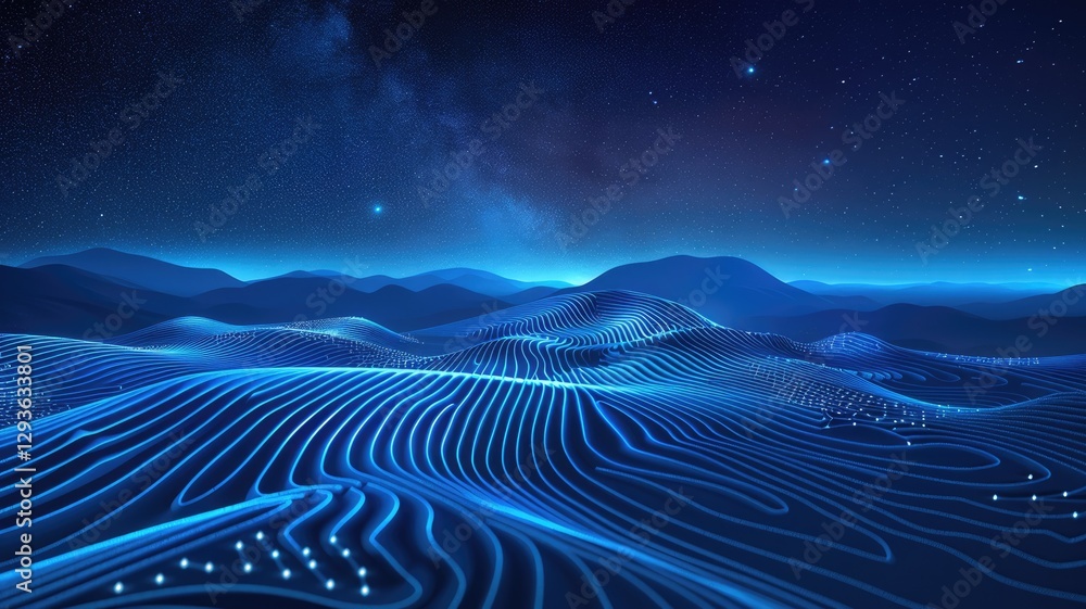 Poster this abstract night scene showcases a mountainous terrain illuminated by blue light. the smooth line