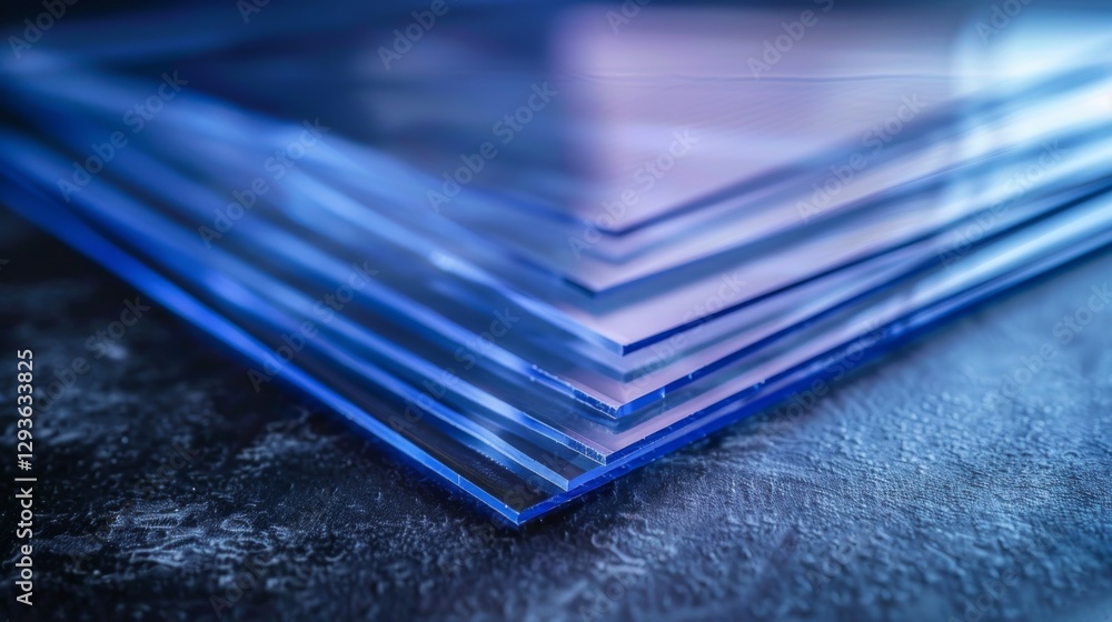 Poster transparent acrylic sheets are stacked in neat layers on a dark, textured surface, showcasing their 