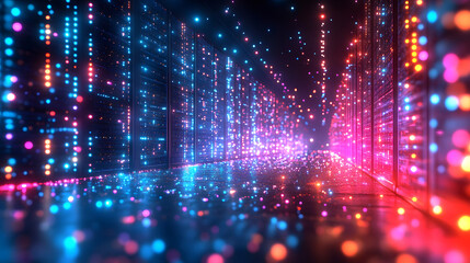 Fototapeta premium Digital Data Tunnel: A captivating tunnel of data, illuminated by a vibrant array of neon lights, symbolizes the interconnectedness of the digital age.