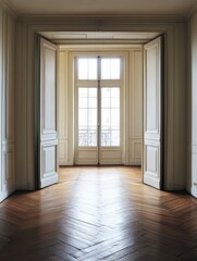 The elegant interior features a window and open doors with natural light