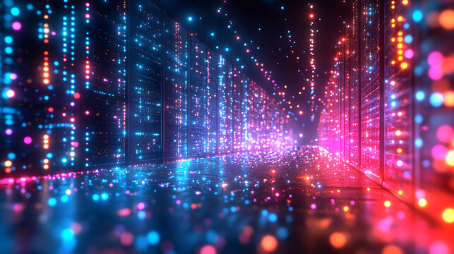 Digital Data Tunnel: A captivating tunnel of data, illuminated by a vibrant array of neon lights, symbolizes the interconnectedness of the digital age.