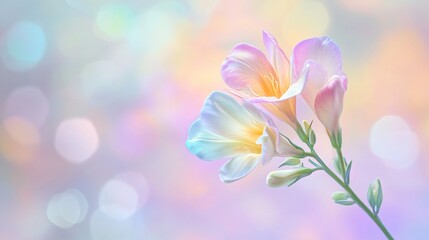 Obraz premium A surreal, dreamlike freesia bloom with iridescent petals, subtly changing color against a shifting pastel background