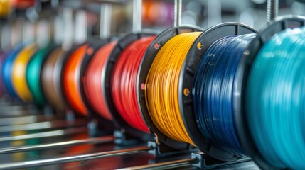 Obraz premium A collection of spools filled with vibrant 3D printing filament is neatly arranged on shelves in a bright workshop, highlighting the diversity of colors available for crafting and design.