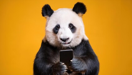 Happy Smiling Panda with Mobile Phone Portrait of a Playful Bear Captivatingly Framed in the Natural Environment, Showcasing a Unique Blend of Cuteness and Modern Technology
